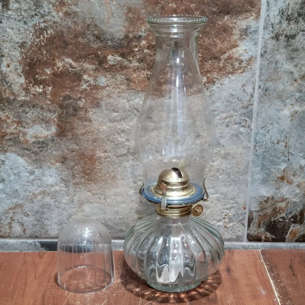 Vintage Golden Globe Clear Glass Kerosene Oil Lamp Ribbed Base